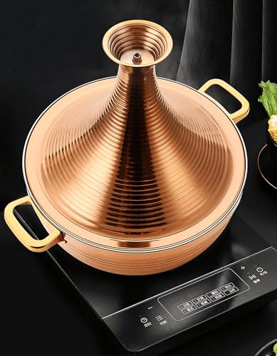 Moroccan Tagine Pot 304 Stainless Steel Tower Stew Dry Pan, Non Stick Slow Cooker Casserole for Seafood, Electromagnetic Cooker Tajine, High Lid Gold - 26cm