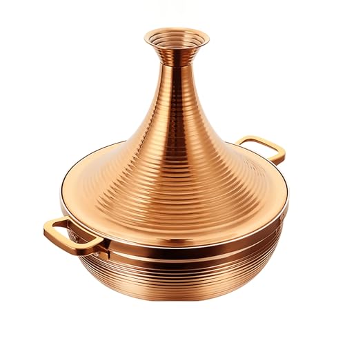 Moroccan Tagine Pot 304 Stainless Steel Tower Stew Dry Pan, Non Stick Slow Cooker Casserole for Seafood, Electromagnetic Cooker Tajine, High Lid Gold - 26cm