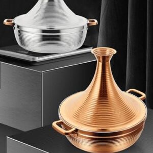 Moroccan Tagine Pot 304 Stainless Steel Tower Stew Dry Pan, Non Stick Slow Cooker Casserole for Seafood, Electromagnetic Cooker Tajine, High Lid Gold - 26cm