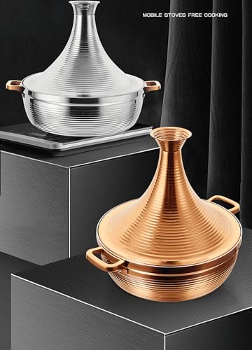 Moroccan Tagine Pot 304 Stainless Steel Tower Stew Dry Pan, Non Stick Slow Cooker Casserole for Seafood, Electromagnetic Cooker Tajine, High Lid Gold - 26cm