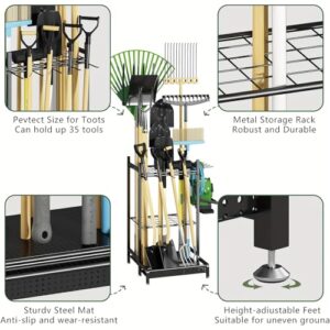 Heavy-Duty Tool Organizer Rack - Spacious Storage for Long-Handled Gardening Tools, Hooks, and Accessories - Durable Metal Construction, Sturdy, Black, Ideal for Garage and Utility Storage