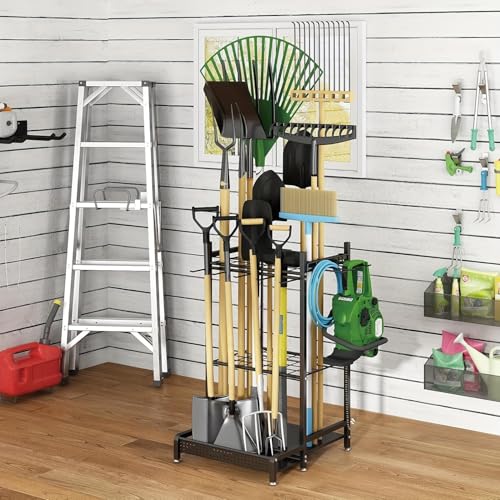 Heavy-Duty Tool Organizer Rack - Spacious Storage for Long-Handled Gardening Tools, Hooks, and Accessories - Durable Metal Construction, Sturdy, Black, Ideal for Garage and Utility Storage