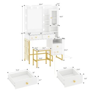 Esmlada Makeup Vanity Desk with Sliding LED Lighted Mirror, Large White Vanity Desk with Drawers, Charging Station, Shelves and Side Storage, 3 Model Adjustable Lights for Bedroom & Dressing Room