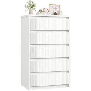 Jocoevol White Dresser 5 Drawer Dresser for Bedroom, Modern Fluted Dresser with Deep Drawers and Mirror, Wooden Dresser Chest of Drawers for Living Room, Hallway, Entryway