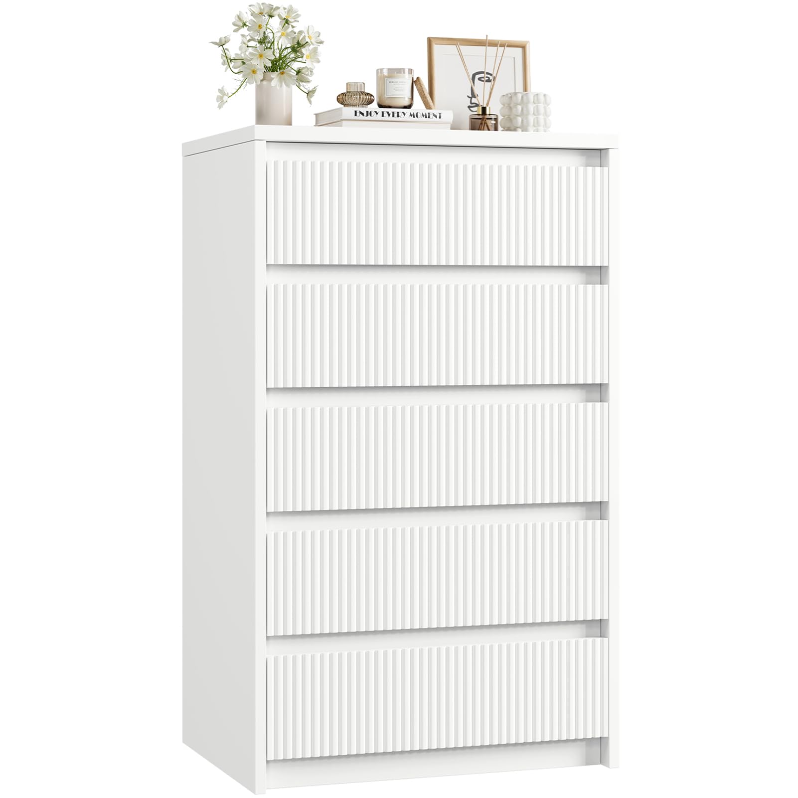 Jocoevol White Dresser 5 Drawer Dresser for Bedroom, Modern Fluted Dresser with Deep Drawers and Mirror, Wooden Dresser Chest of Drawers for Living Room, Hallway, Entryway