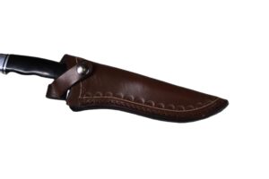 carl thomas leathers custom leather vertical knife sheath made to fit a buck 119, fixed blade knife holder, dyed dark brown