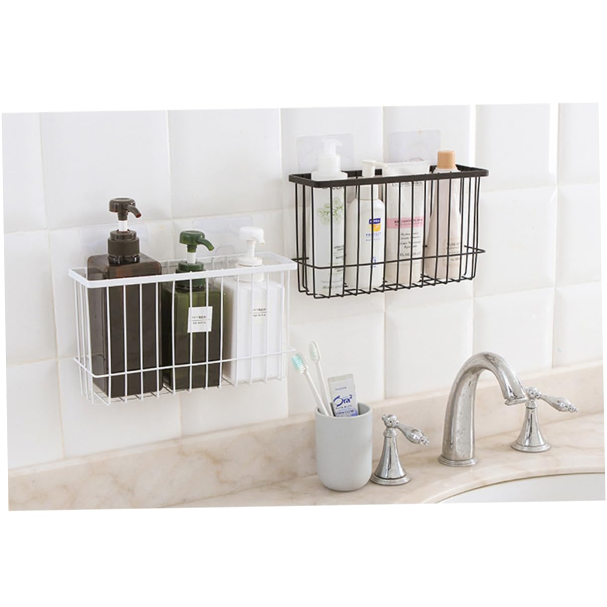 Hoement Bathroom Wall Organizer Bread Clear Container Bathroom Storage Rack Kitchen Wall Holder Heart Spoons Wrapping Paper Canister Hanging Basket Container for Cooling Wine Ledge White