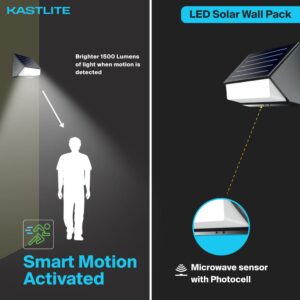 KastLite 12W Outdoor Solar Motion Sensor Light Wall Pack, 1500LM 5-Mode IP65 Dusk to Dawn LED Remote Control Light - Waterproof Wireless Smart Home Security Lighting for Yard Pathway Garden Garage