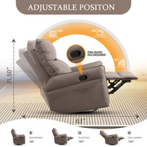 QKFF Swivel Rocker Recliner Chair, Upholstered 360° Fabric Leather Glider Rocker Chair for Nursery, Manual Small Recliners for Small Spaces Living Room Weight Capacity 300lbs