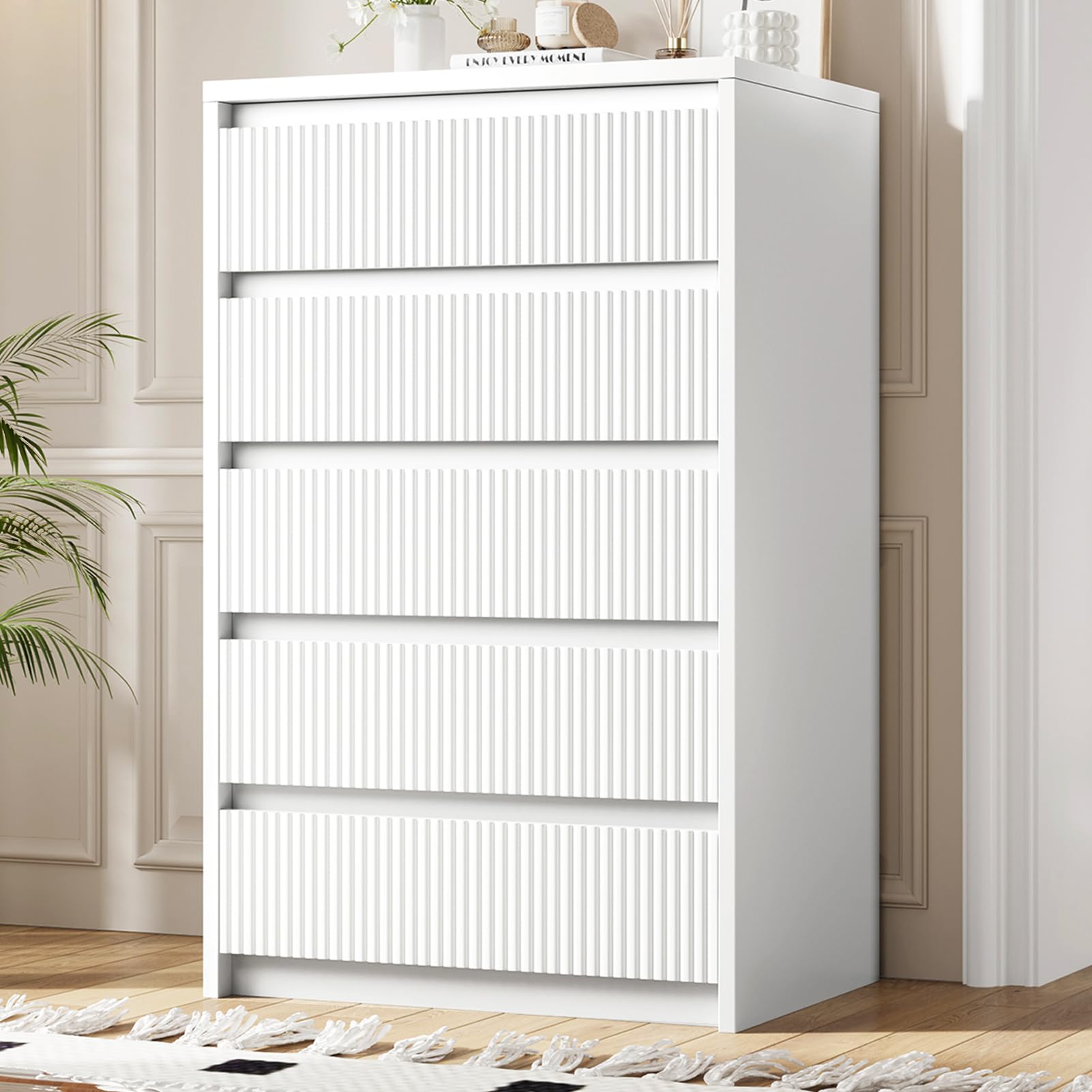 Jocoevol White Dresser 5 Drawer Dresser for Bedroom, Modern Fluted Dresser with Deep Drawers and Mirror, Wooden Dresser Chest of Drawers for Living Room, Hallway, Entryway