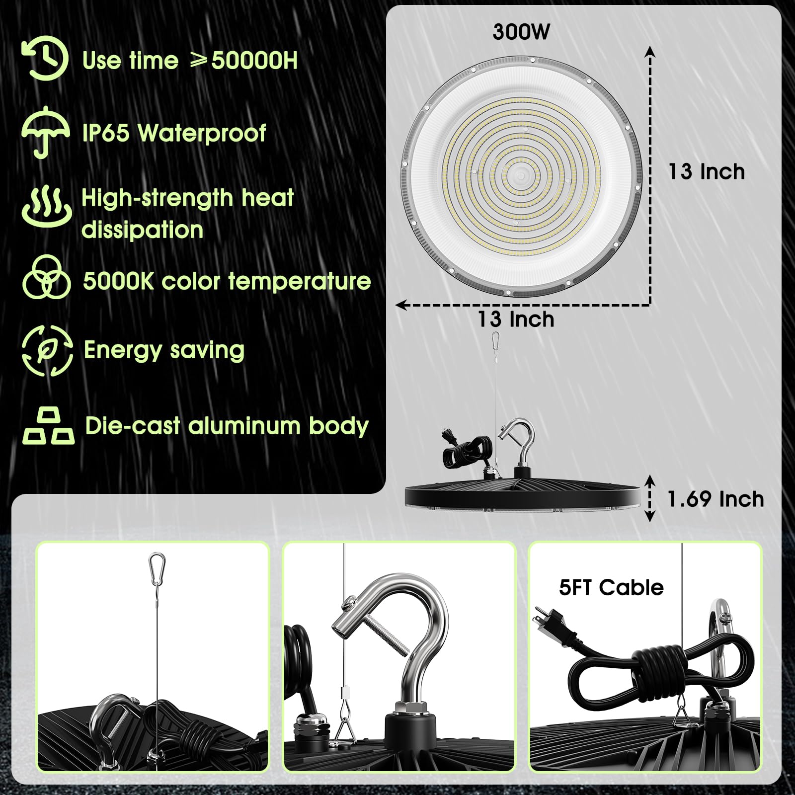 Royana UFO LED High Bay Light, Plug & Paly Lighting for Warehouse,5000K Daylight, 300W, AC110V-130V, 30000LM, IP65 Waterproof and Ideal Heat Dissipation, LED Shop Light for Factory Barn 4 Pack