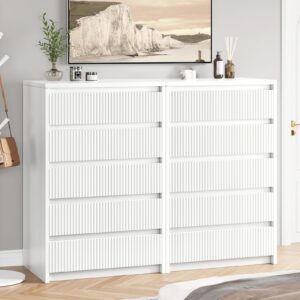 Jocoevol White Dresser 5 Drawer Dresser for Bedroom, Modern Fluted Dresser with Deep Drawers and Mirror, Wooden Dresser Chest of Drawers for Living Room, Hallway, Entryway