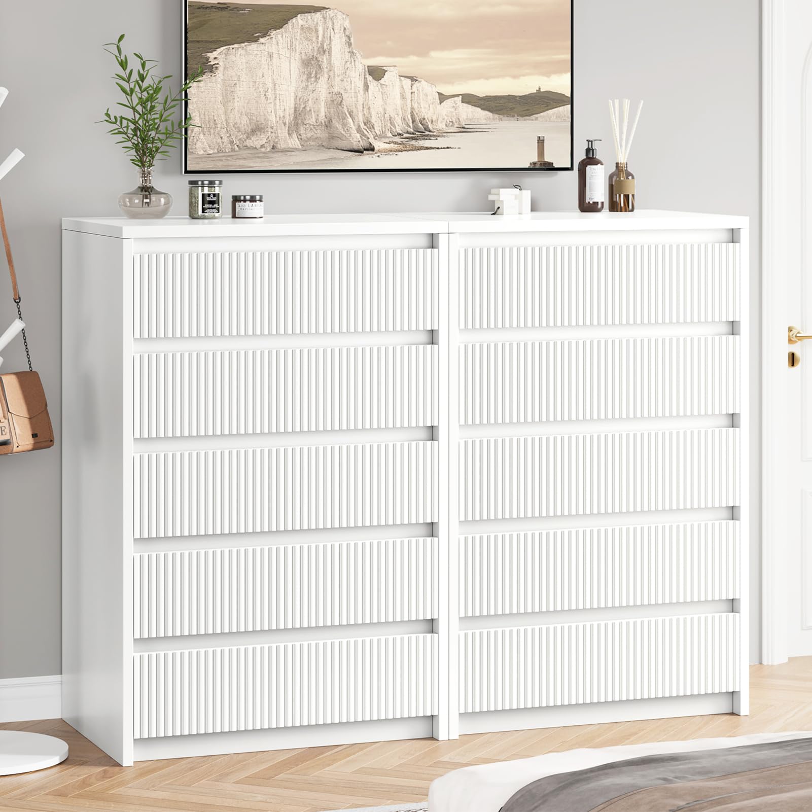 Jocoevol White Dresser 5 Drawer Dresser for Bedroom, Modern Fluted Dresser with Deep Drawers and Mirror, Wooden Dresser Chest of Drawers for Living Room, Hallway, Entryway