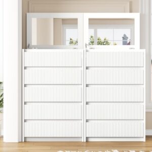 Jocoevol White Dresser 5 Drawer Dresser for Bedroom, Modern Fluted Dresser with Deep Drawers and Mirror, Wooden Dresser Chest of Drawers for Living Room, Hallway, Entryway