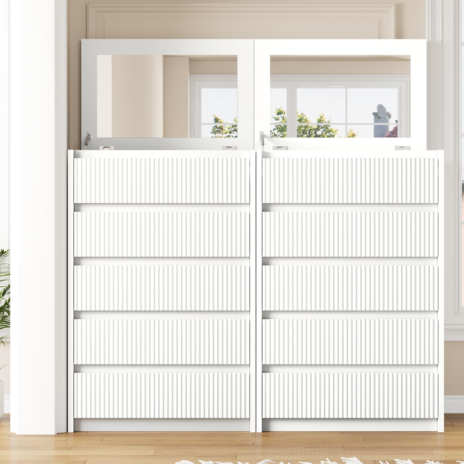 Jocoevol White Dresser 5 Drawer Dresser for Bedroom, Modern Fluted Dresser with Deep Drawers and Mirror, Wooden Dresser Chest of Drawers for Living Room, Hallway, Entryway