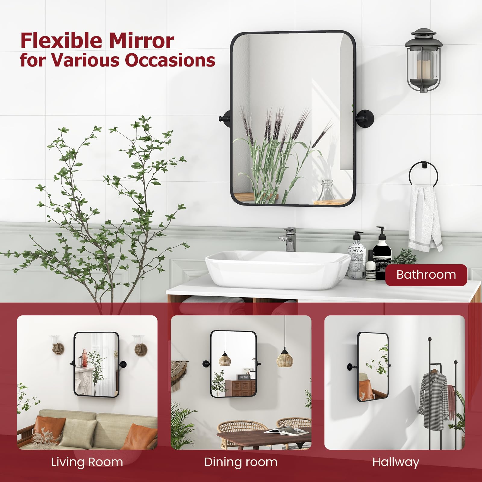 Tangkula 30 x 22 Pivot Mirror, Tilting Bathroom Mirror w/Shatter-Proof Film, Wall Brackets, Framed Wall Mounted Mirror for Bathroom, Living Room (2)