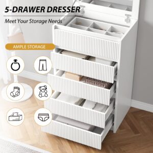 Jocoevol White Dresser 5 Drawer Dresser for Bedroom, Modern Fluted Dresser with Deep Drawers and Mirror, Wooden Dresser Chest of Drawers for Living Room, Hallway, Entryway