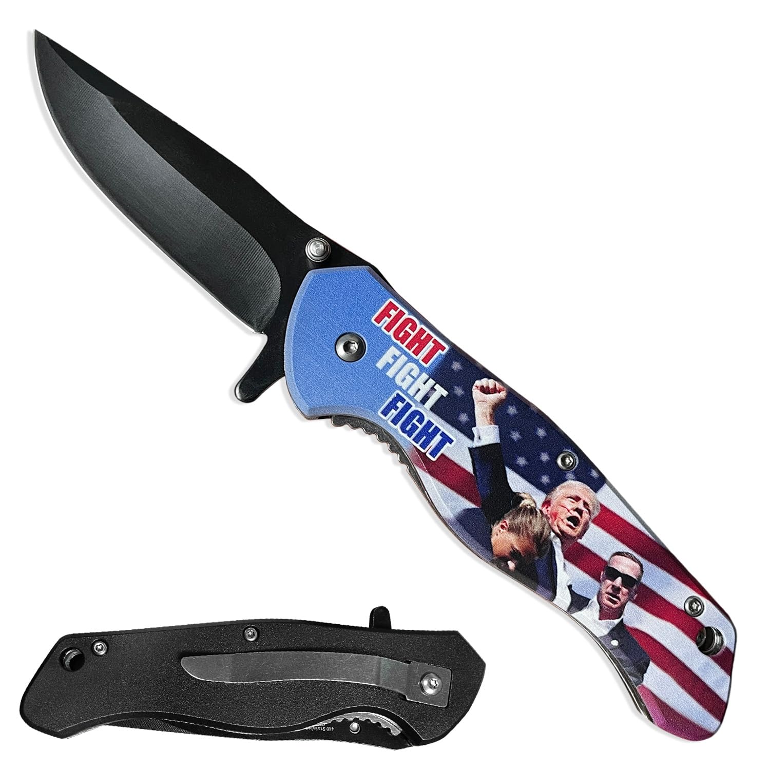 PS President Trump Fight Fight Fight! Stainless Steel Pocket Knife with Belt Clip for Gift, Collection, Camping, Hunting. Show Your support!