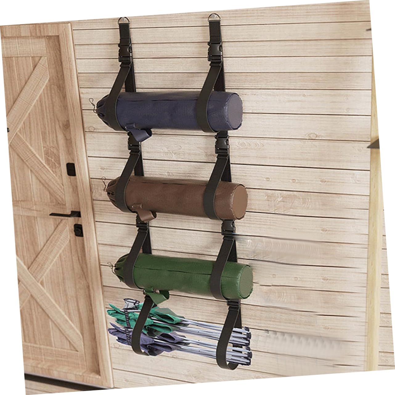 Gogogmee 2pcs Black Hanging Strap with Buckles Polyester Garage Storage Rack Adjustable Wall-Mounted Storage Strap Folding Chair Rack