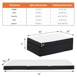 Elevon Folding Mattress, 3-inch Trifold Memory Foam Mattress Topper with Washable Cover, Foldable Floor Mattress Guest Bed Twin Size for Camping, Road Trip, 75" x 38" x 3"