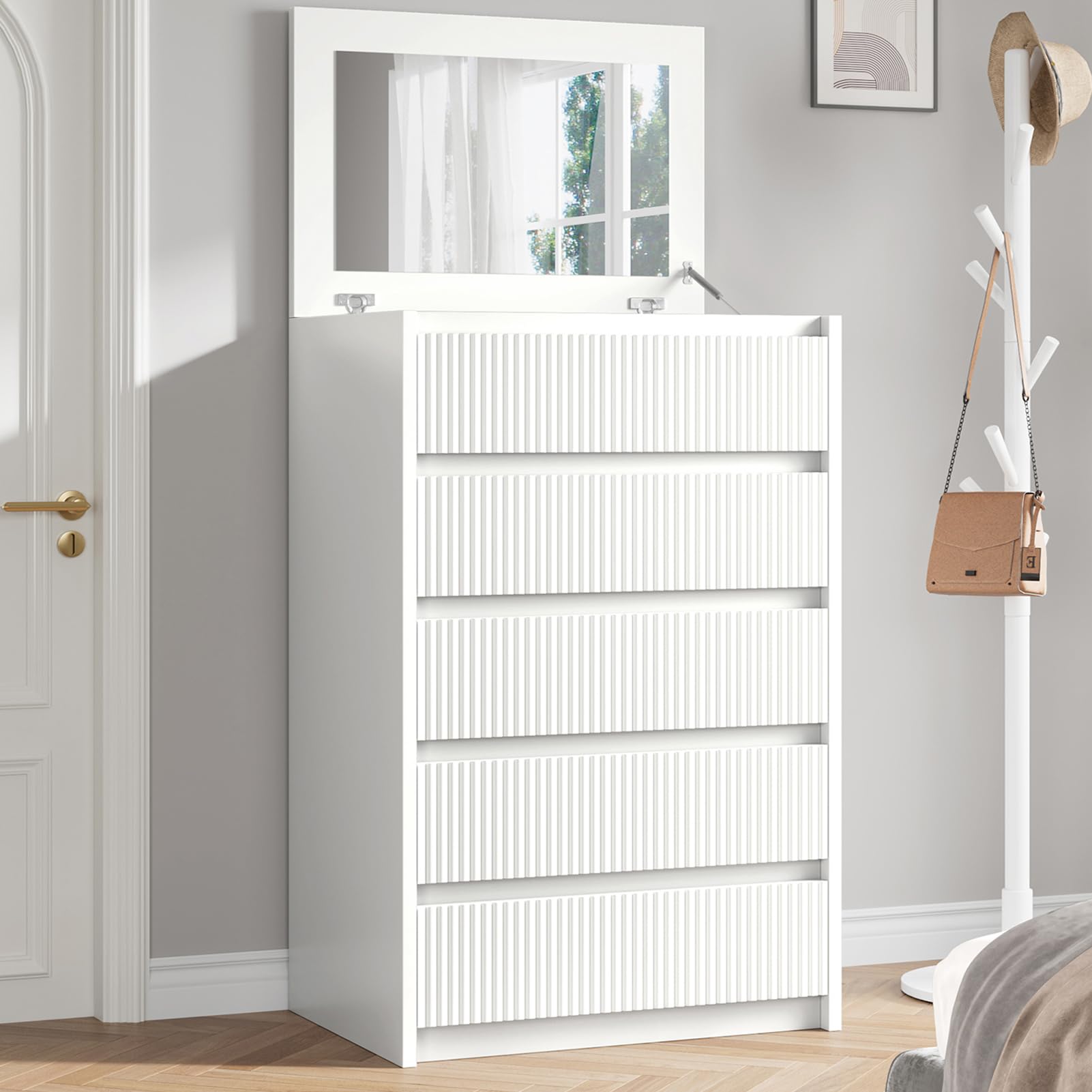 Jocoevol White Dresser 5 Drawer Dresser for Bedroom, Modern Fluted Dresser with Deep Drawers and Mirror, Wooden Dresser Chest of Drawers for Living Room, Hallway, Entryway