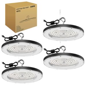 royana ufo led high bay light, plug & paly lighting for warehouse,5000k daylight, 300w, ac110v-130v, 30000lm, ip65 waterproof and ideal heat dissipation, led shop light for factory barn 4 pack