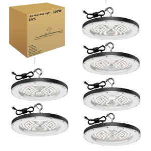 royana ufo led high bay light, plug & paly lighting for warehouse,5000k daylight, 300w, ac110v-130v, 30000lm, ip65 waterproof and ideal heat dissipation, led shop light for factory barn 6 pack