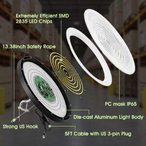 Royana UFO LED High Bay Light, Plug & Paly Lighting for Warehouse,5000K Daylight, 300W, AC110V-130V, 30000LM, IP65 Waterproof and Ideal Heat Dissipation, LED Shop Light for Factory Barn 4 Pack