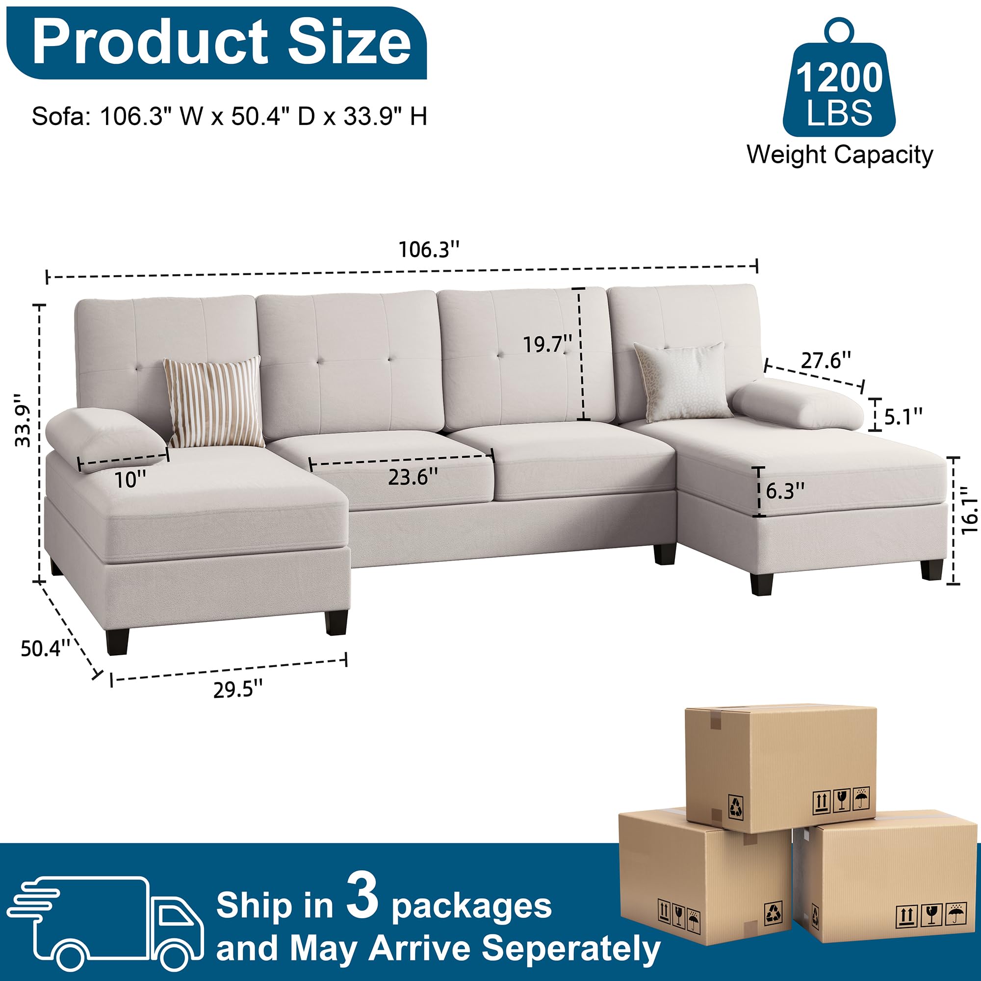 SUNLEI 106" Sectional Sofa Couches for Living Room, 4 Seat U-Shaped Sofa Couch with Linen Fabric and Double Chaises, Modern Living Room Furniture Sets for Apartment, White