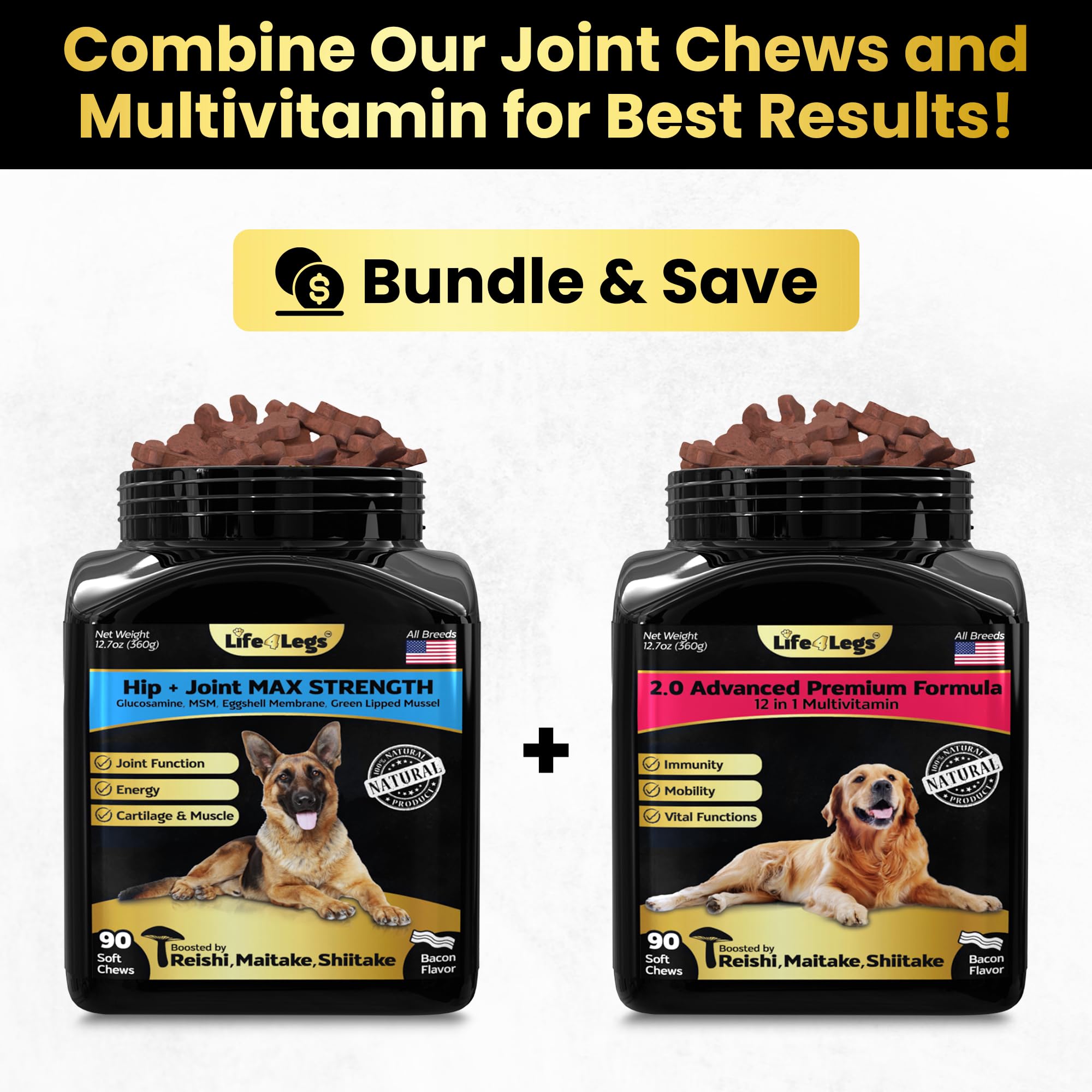 Life4Legs Hip and Joint Supplement and 23-in-1 Multivitamin Chews Bundle for Small, Medium and Large Dogs - 180 Count