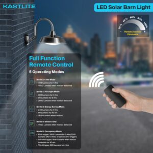 KastLite 45W Solar Barn Light - 150W Eq. 4000LM LED Dusk to Dawn Motion Sensor Outdoor Security Light Fixture - 5-Mode Remote Control Waterproof Yard Garage Patio Shed Exterior Wall Lighting, Black