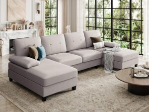 sunlei 106" sectional sofa couches for living room, 4 seat u-shaped sofa couch with linen fabric and double chaises, modern living room furniture sets for apartment, white