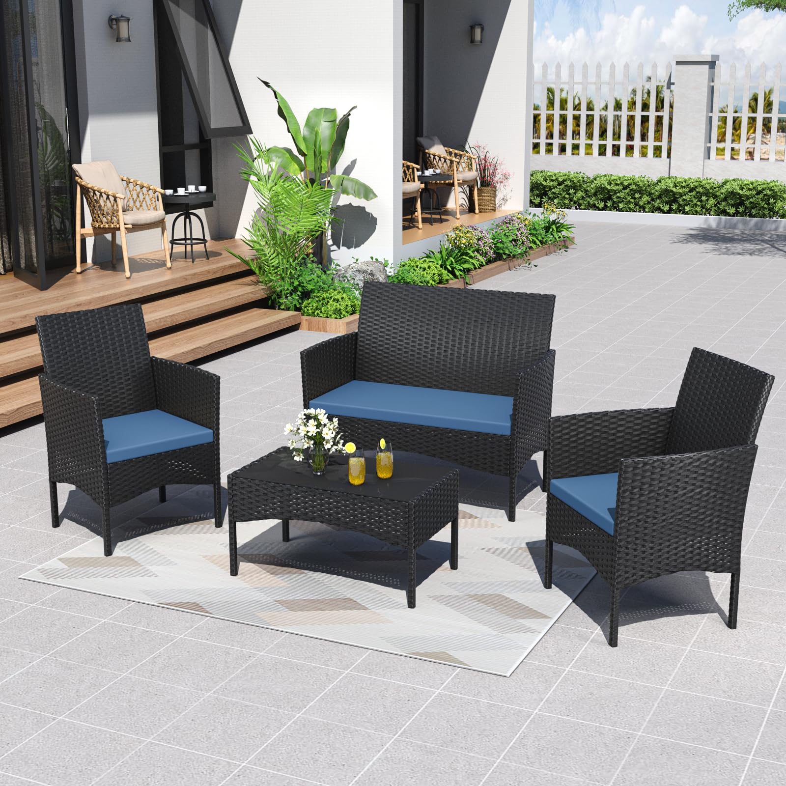 ALAULM 4 Pieces Patio Conversation Set Outdoor Rattan Patio Furniture Set Wicker Chairs with Soft Cushion and Glass Table for Patio, Backyard, Porch, Poolside(Dark Blue)