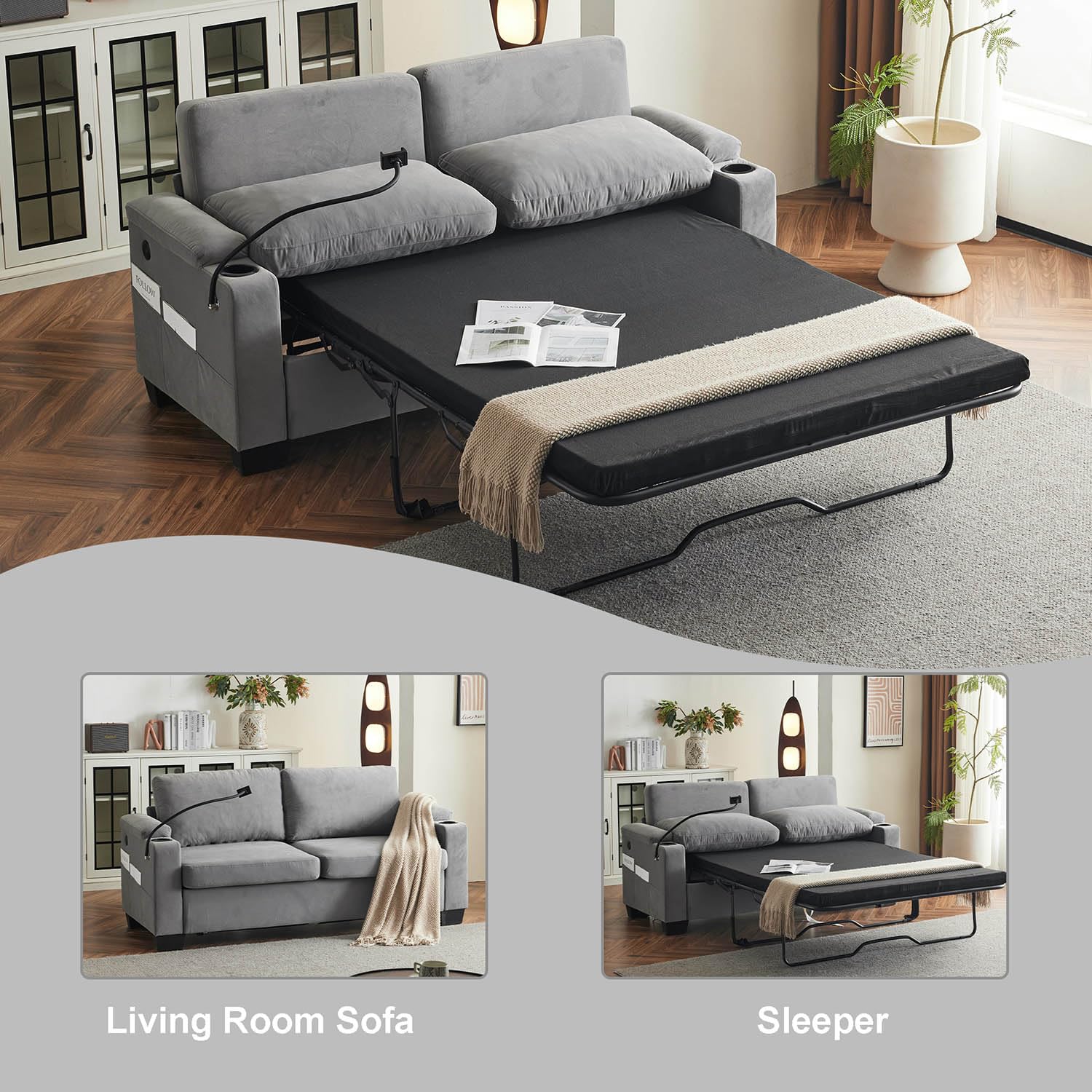 NHX 74” Pull Out Sofa Bed Sleeper Couch with Memory Foam Mattress, Queen Size Sofa, Full Size Mattress Modern,Loveseat Sleeper for Living Room, Full Size (Dark Grey, Full)