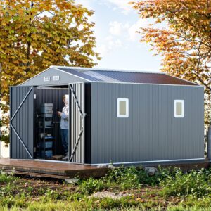 10x12x7 ft metal shed outdoor storage with reinforcement, natural lighting tool sheds with translucent roof panels, windows, and lockable doors, ideal for garden, backyard, and patio