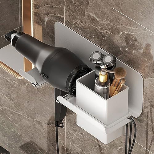 Aurgiarme Wall Mounted No Drill Hair Dryer Holder Aluminum Hair Dryer Storage Rack Bathroom Shelves Bathroom Accessories