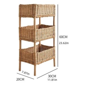 Rattan Shelving Unit 3 Tiers Standing Wooden Caddy | Hand Woven Portable Laundry Bin Basket | Living Room, Bedroom, Kitchen Organizer