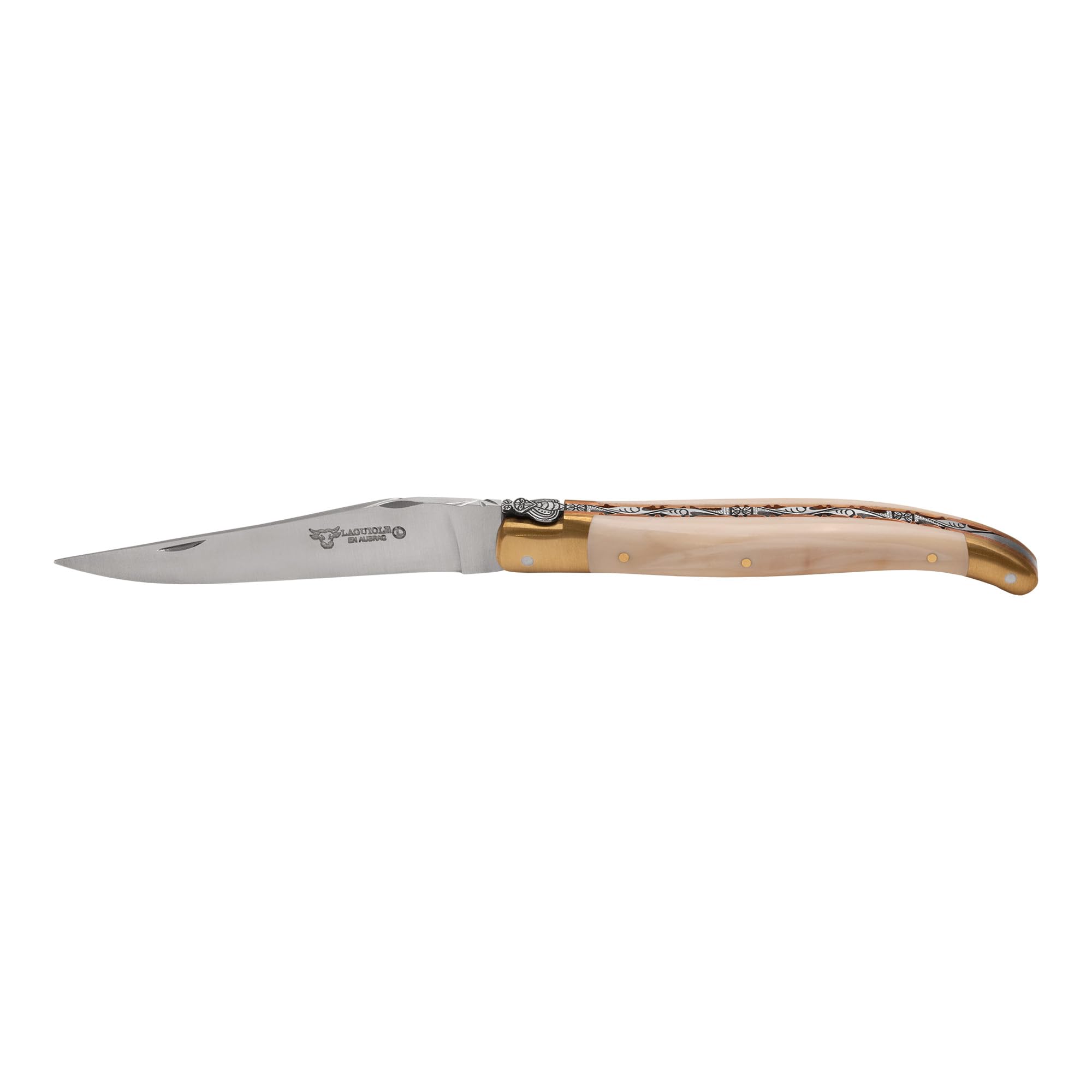 Laguiole en Aubrac Le Bijou Handmade Luxury Folding Pocket Knife, 4.8-in (12cm), Soft Tusk Handle, Special Forged Bee, Brass Bolsters, And Two Copper Plates