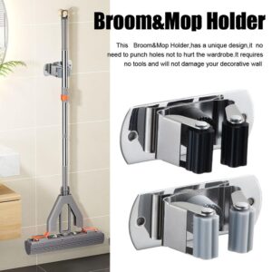 Mop Broom Holder Wall Mounted,5pcs Mop Broom Organizer Wall Mounted No Drill with Glue,Steel Mop Hanger for Wall Mounted,Garden Tool Organizer Rack Rake for Bathroom, Kitchen (Black)