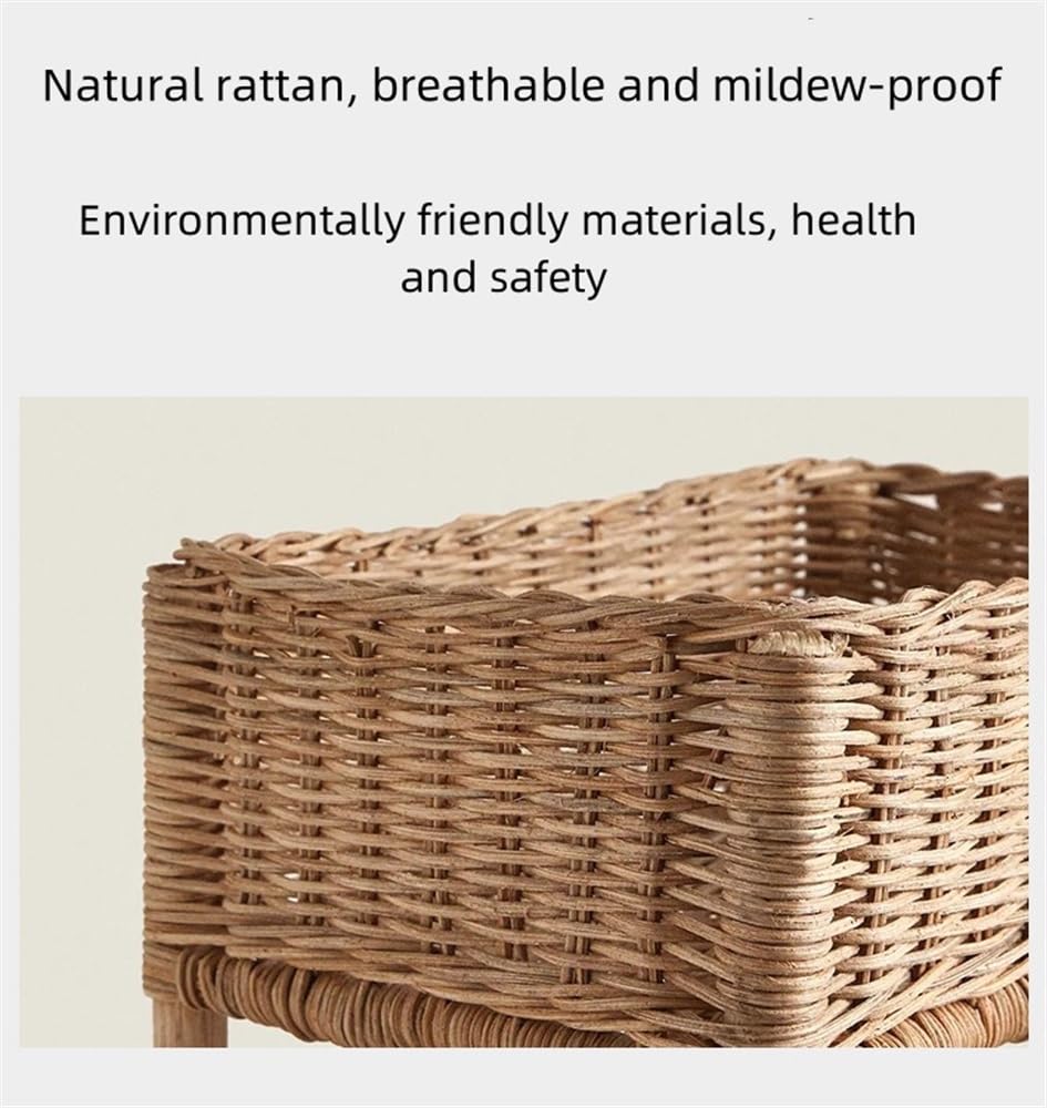 Rattan Shelving Unit 3 Tiers Standing Wooden Caddy | Hand Woven Portable Laundry Bin Basket | Living Room, Bedroom, Kitchen Organizer