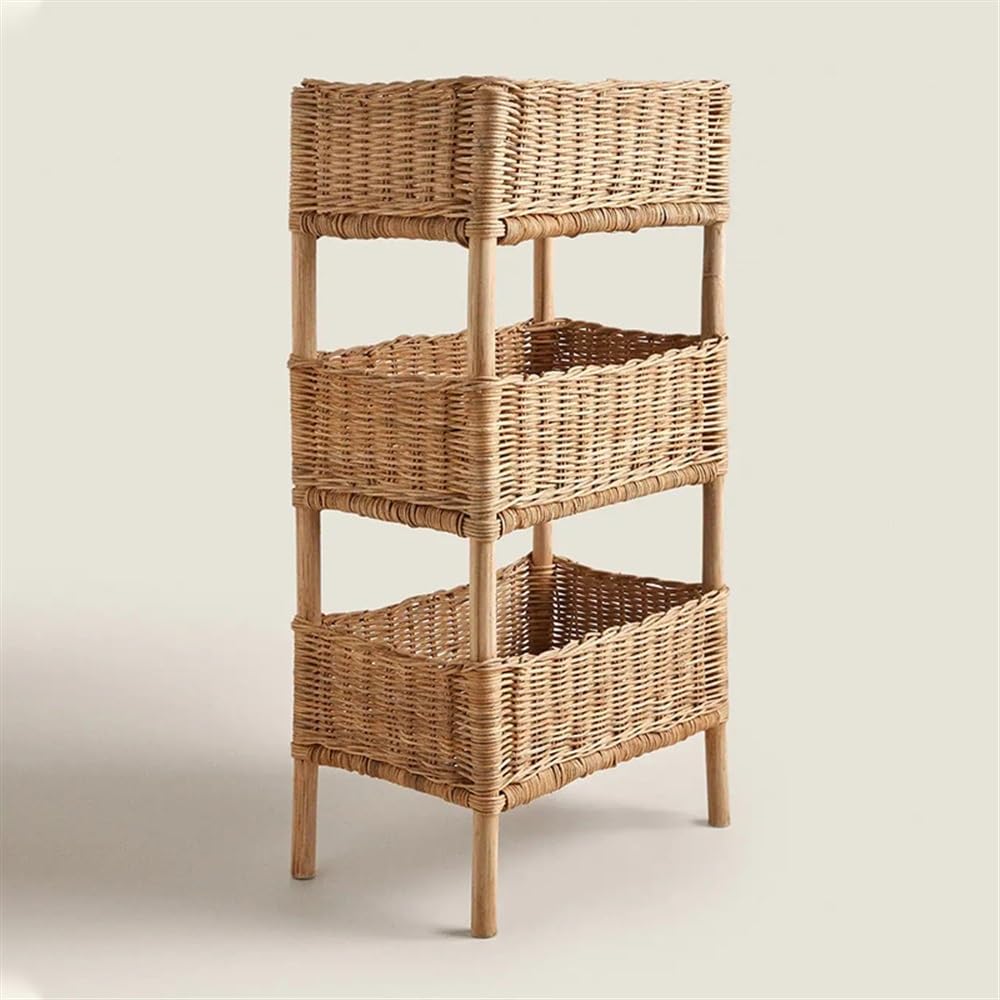 Rattan Shelving Unit 3 Tiers Standing Wooden Caddy | Hand Woven Portable Laundry Bin Basket | Living Room, Bedroom, Kitchen Organizer