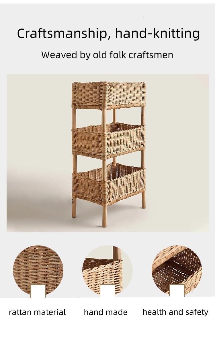 Rattan Shelving Unit 3 Tiers Standing Wooden Caddy | Hand Woven Portable Laundry Bin Basket | Living Room, Bedroom, Kitchen Organizer