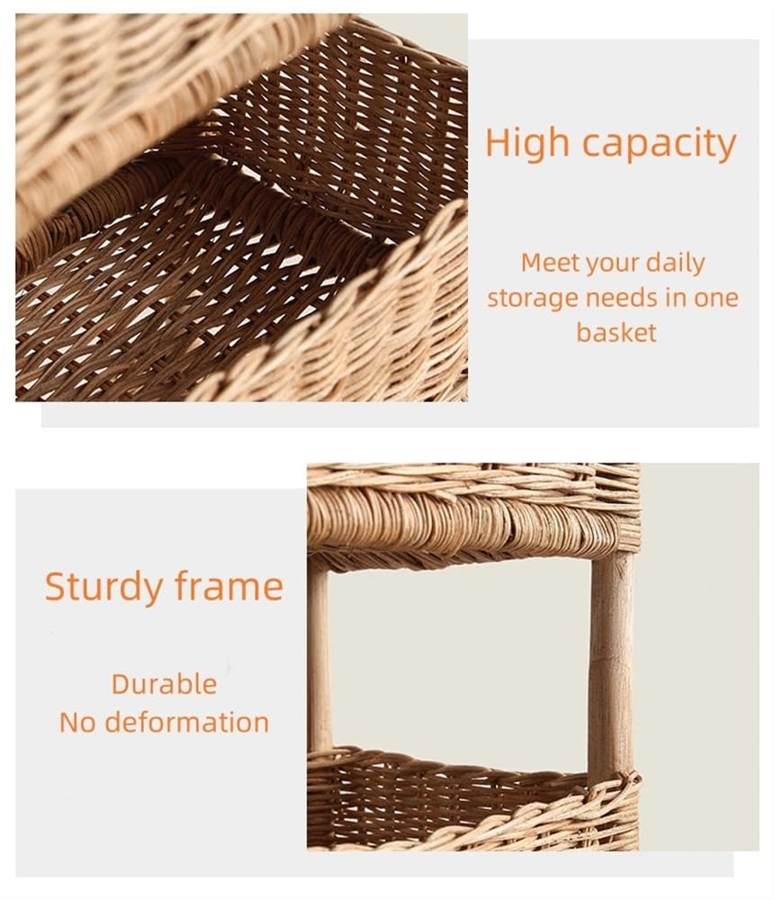 Rattan Shelving Unit 3 Tiers Standing Wooden Caddy | Hand Woven Portable Laundry Bin Basket | Living Room, Bedroom, Kitchen Organizer