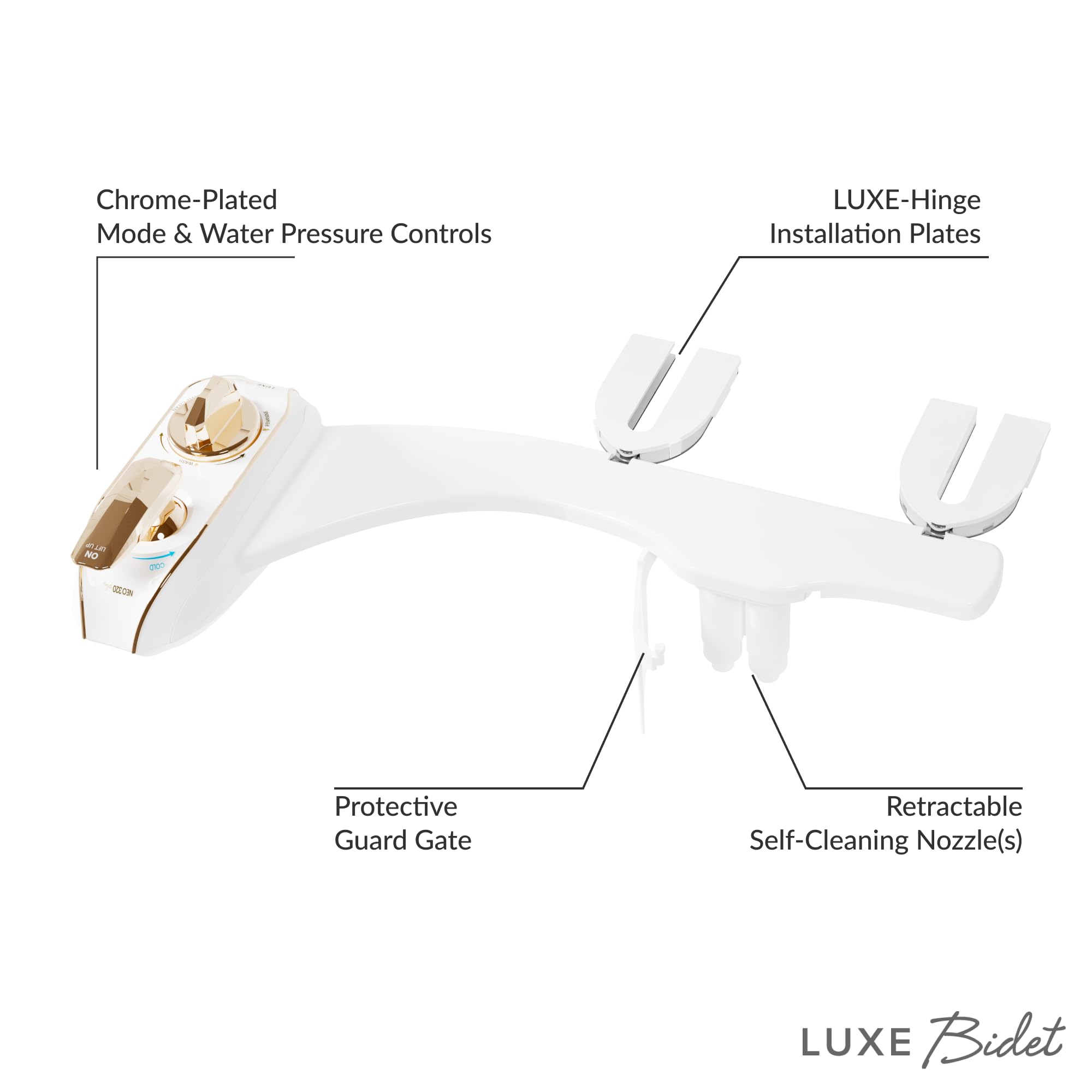 LUXE Bidet NEO 320 Plus - Value Pack of 2 - Patented Bidet Attachments for Toilet Seat with Innovative Hinges to Clean, Slide-in Easy Install, Advanced 360° Self-Clean, and Temperature Controls (Gold