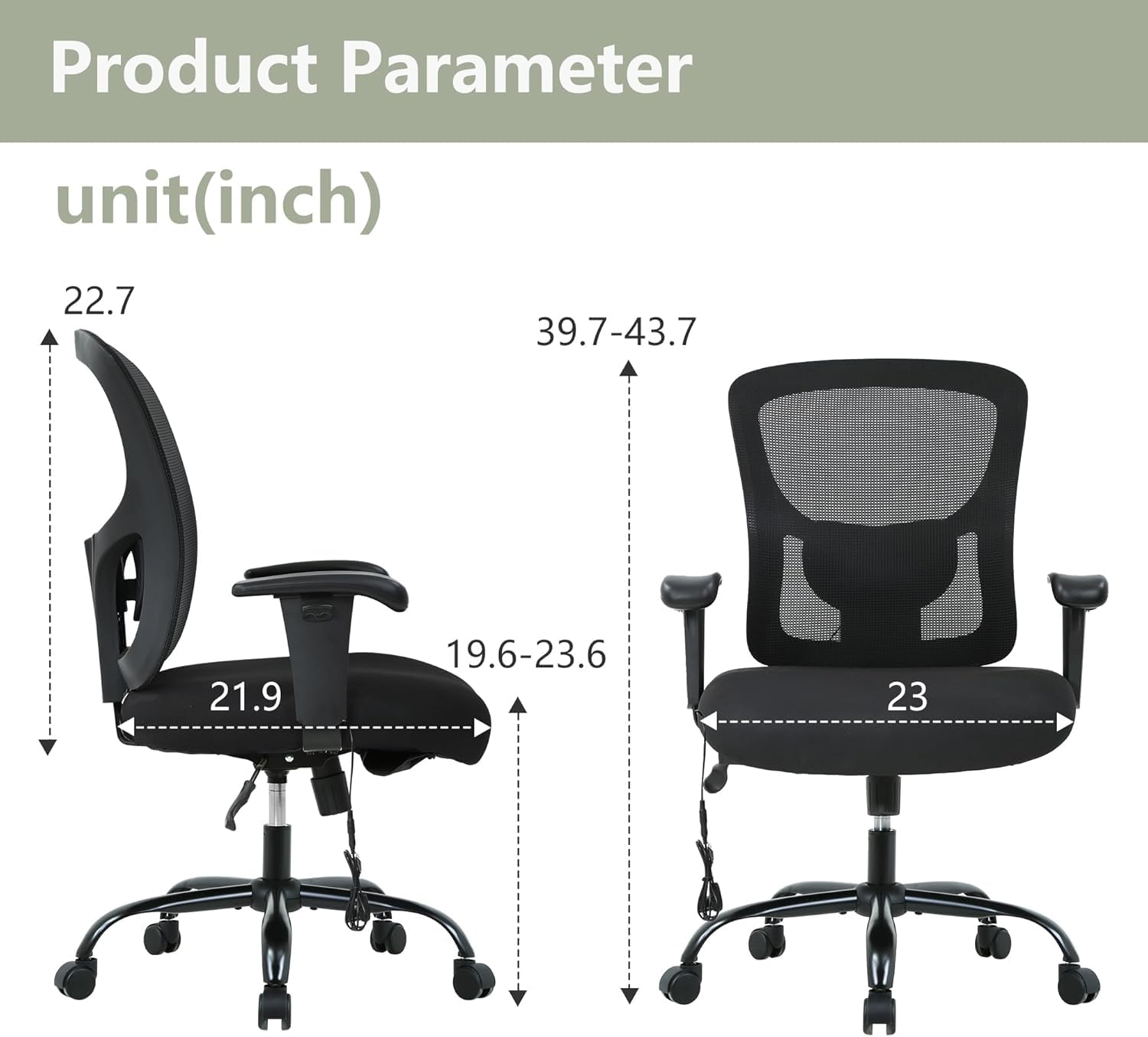 Big and Tall Office Chair 500lbs, Ergonomic Computer Chair Height Adjustable Mesh Chair Heavy Duty Chair, Wide Seat Computer Executive Desk Chair with Adjustable Armrest, Lumbar Support, Black