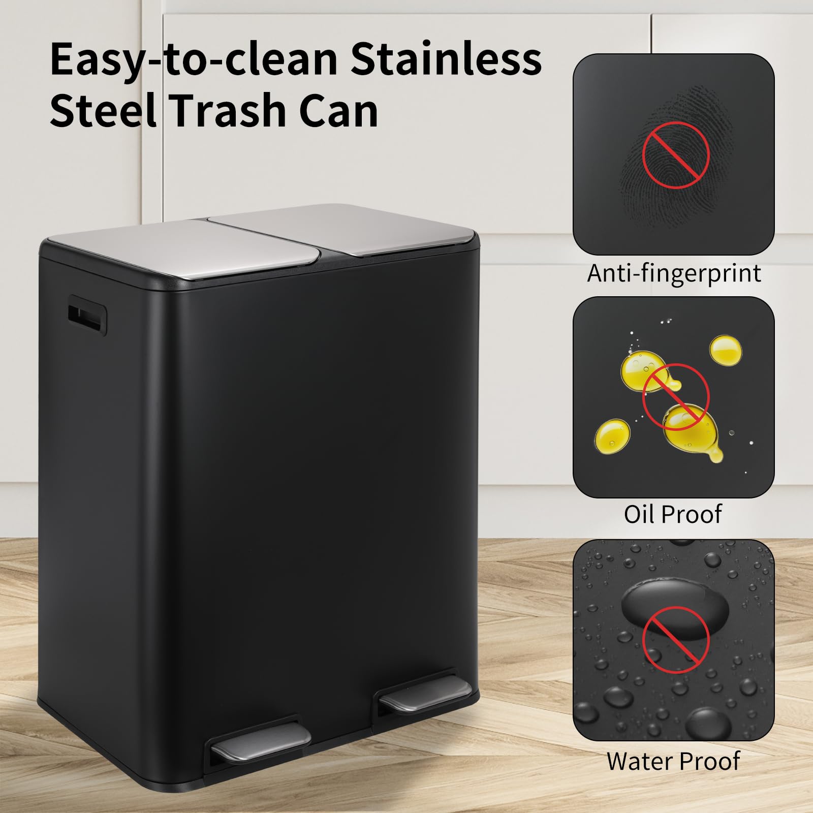 Arlopu 16 Gal Dual Kitchen Trash Can, Stainless Steel Garbage Bin, Recycle Waste Dustbin, w/2 Built-in Box for Odor Control, Soft-Close Lid,2 Buckets, Foot Pedal, Side Handle, for Home Office (Black)