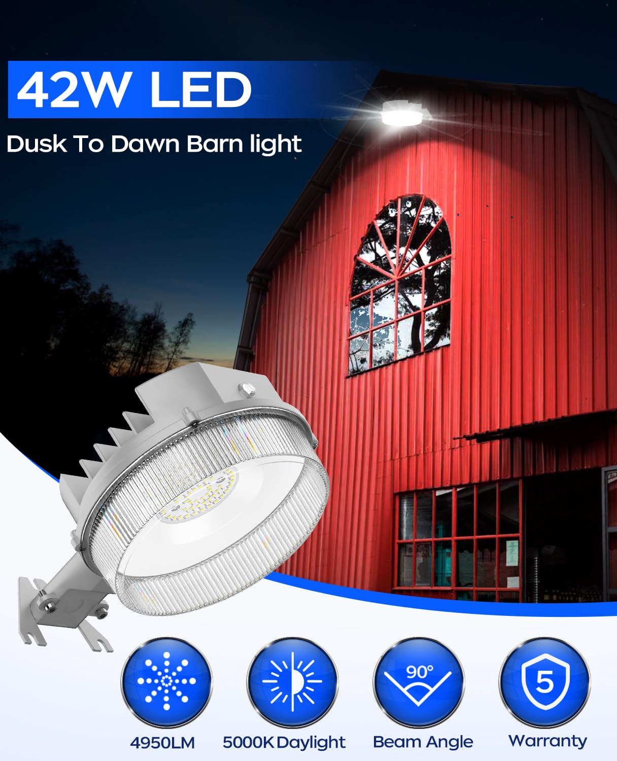 CINOTON LED Barn Light, Dusk to Dawn Outdoor Lighting, 42W 4950LM 5000K Daylight, Security Flood Light, UL Listed, IP65 Waterproof Outside Area Light with Photocell, Silver 3 Pack