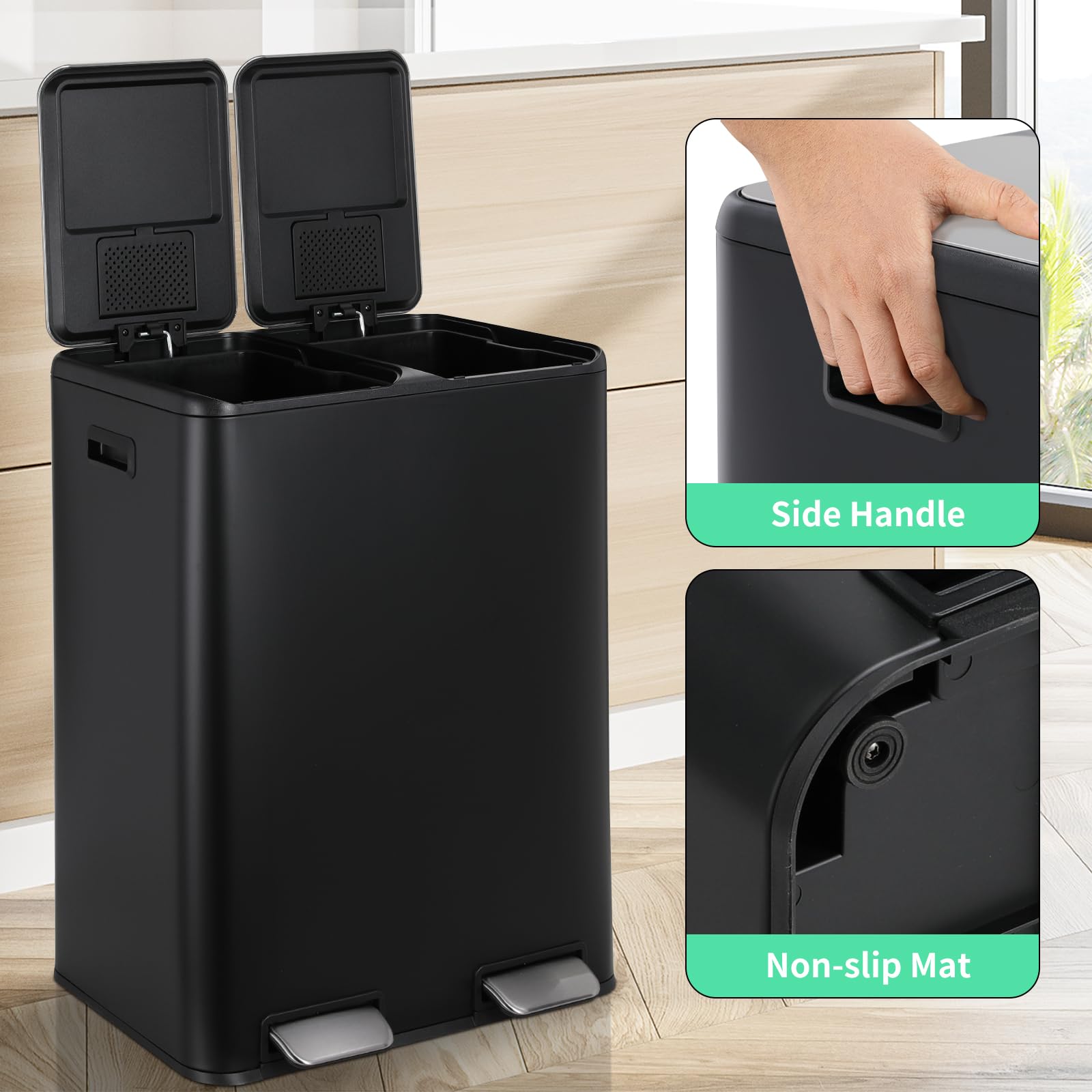 Arlopu 16 Gal Dual Kitchen Trash Can, Stainless Steel Garbage Bin, Recycle Waste Dustbin, w/2 Built-in Box for Odor Control, Soft-Close Lid,2 Buckets, Foot Pedal, Side Handle, for Home Office (Black)