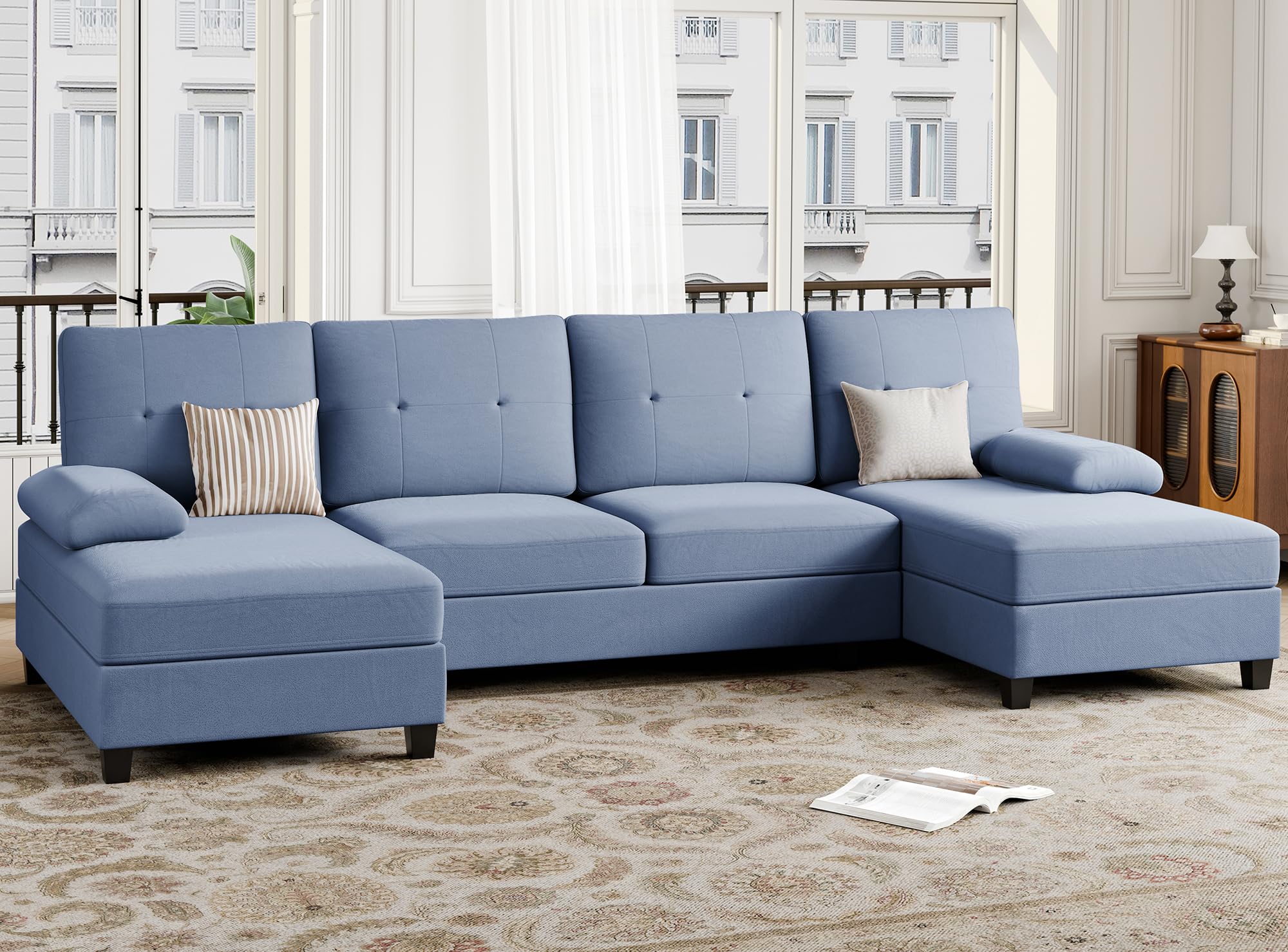 JAMFLY Sectional Sofa Couches for Living Room, Living Room Furniture Sets Clearance, 4 Seat U Shaped Sofa Sectional Couch with Chaise, Blue