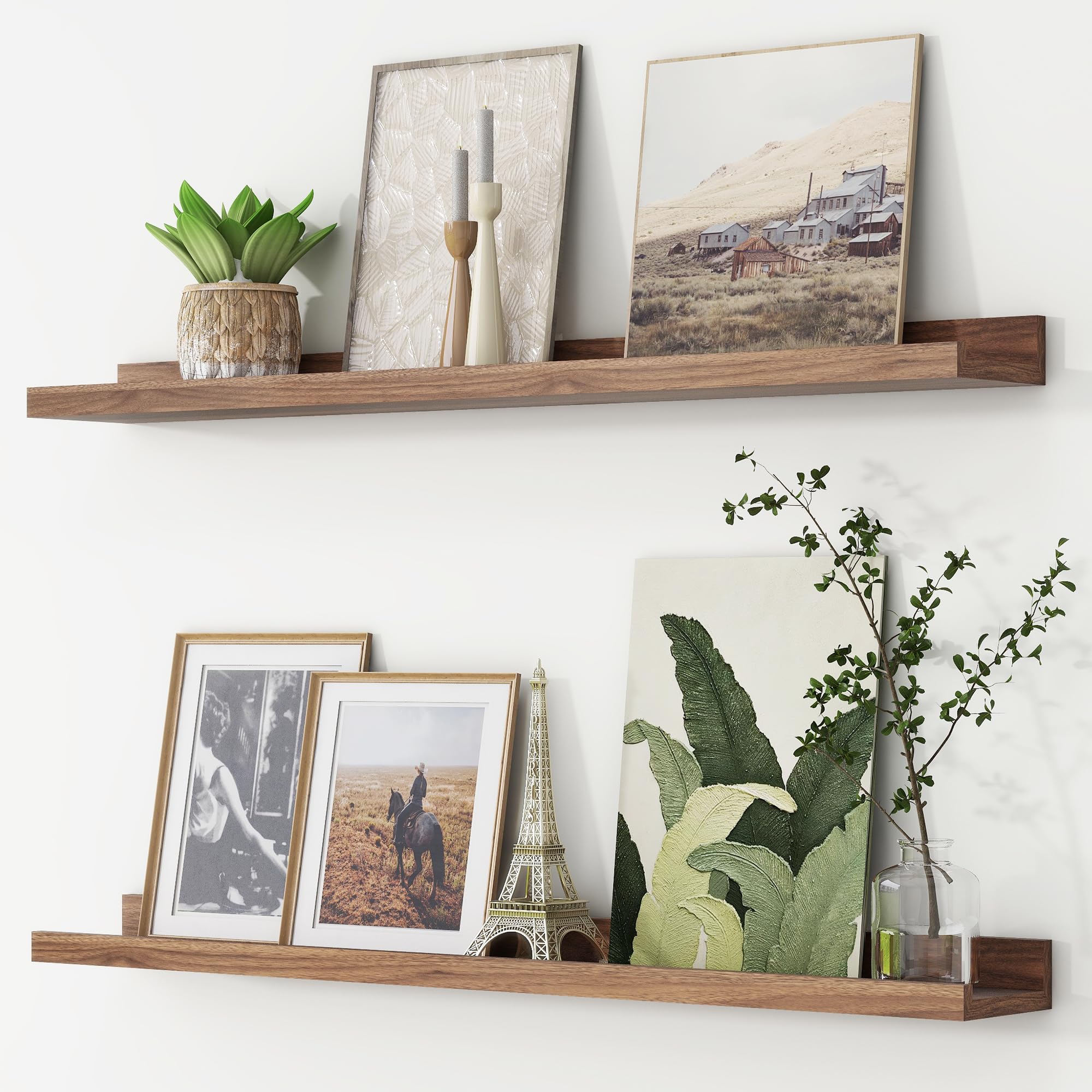 FLYJOE Floating Picture Ledge Shelves 36 Inch Solid Oak Wood Set of 2+Floating Shelves Set of 2, Rustic Wall Storage Shelves with Lip, Kids Bookshelf, Photo & Picture Ledge Shelves